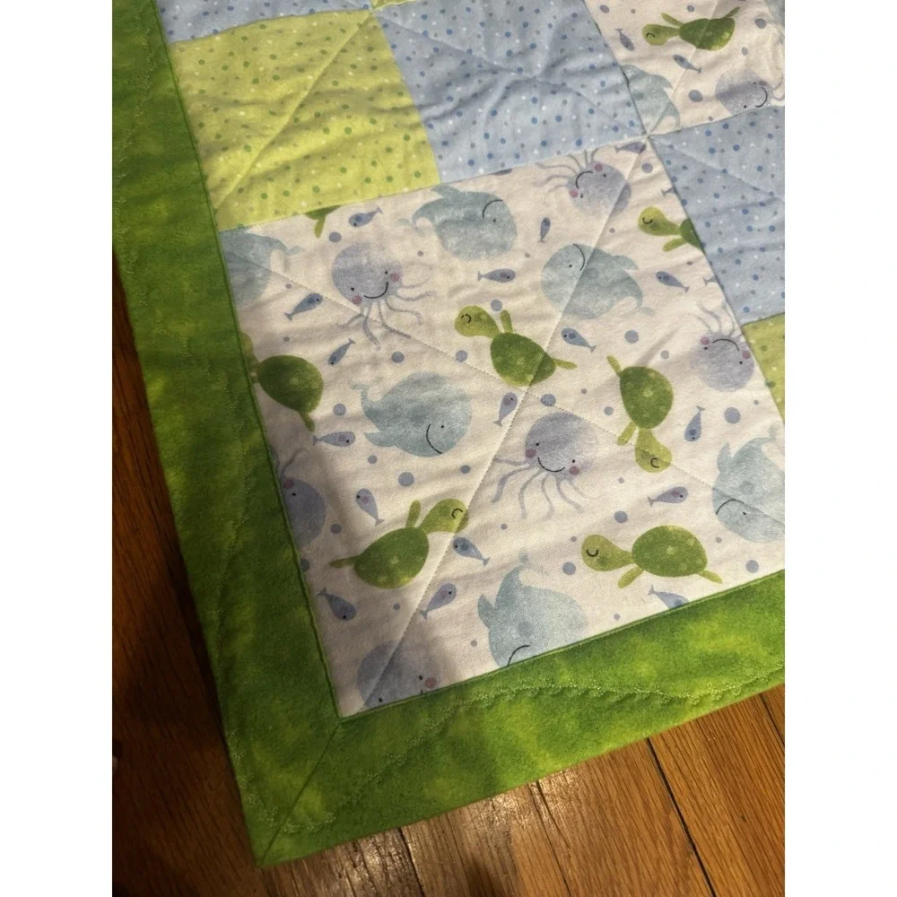 Handmade Baby Quilt Crib Blanket Patchwork Sea Life Blue Green Turtles Jellyfish
